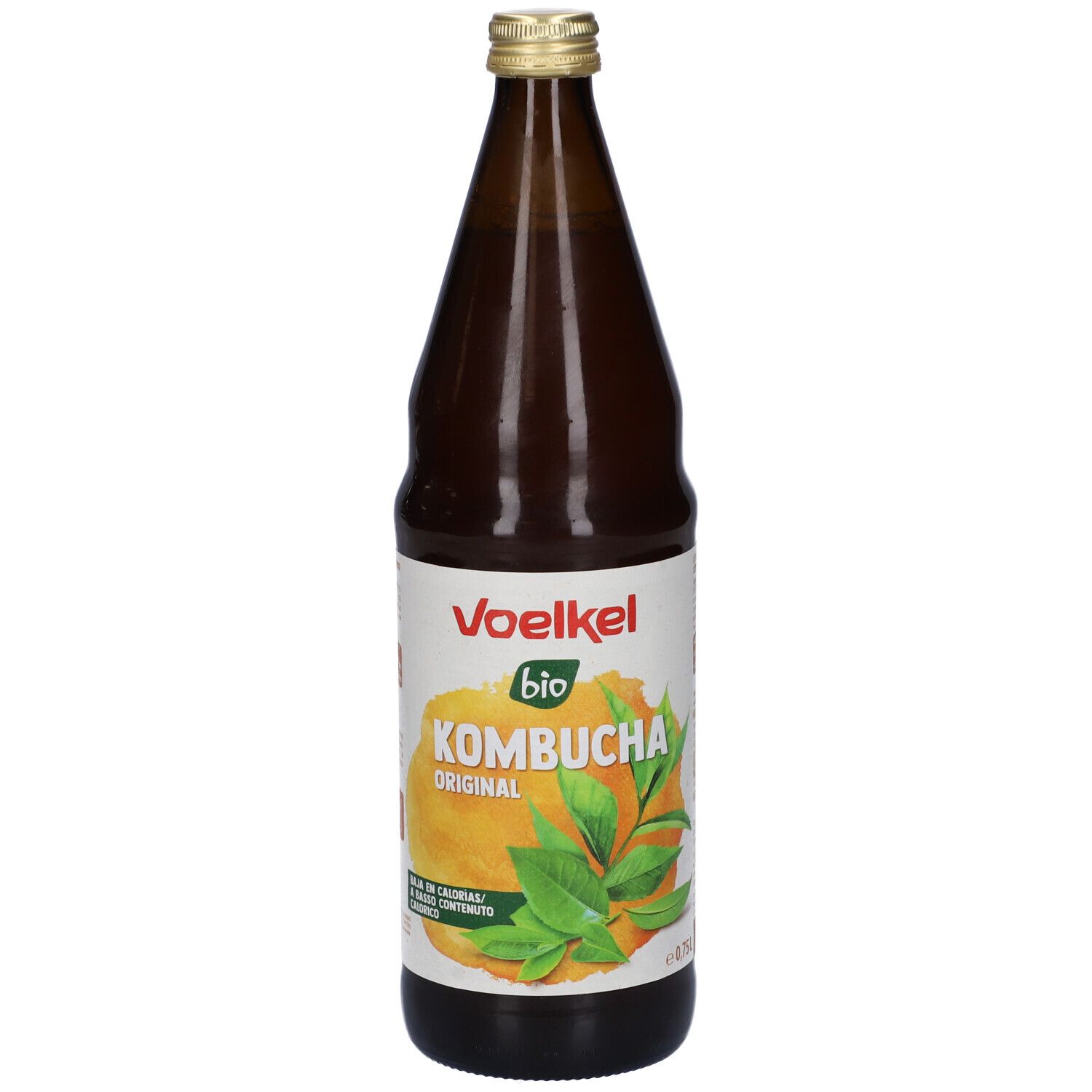Bottiglia di vetro marrone con tappo dorato. Etichetta "Voelkel bio Kombucha Original", sfondo giallo e foglie.