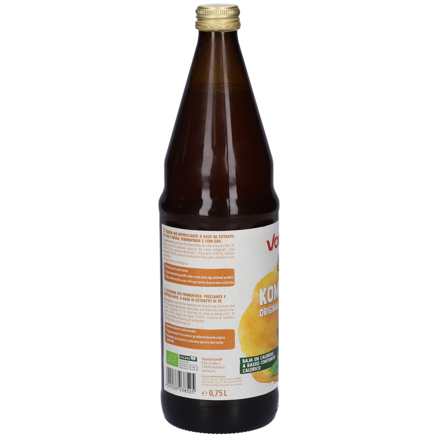 Bottiglia di vetro marrone con tappo dorato. Retro con testo, sfondo giallo e foglie. Certificazione bio.