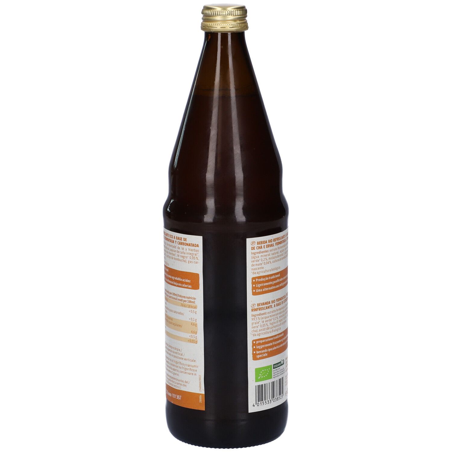 Bottiglia di vetro marrone con tappo dorato. Retro con testo e informazioni nutrizionali. Certificazione bio.