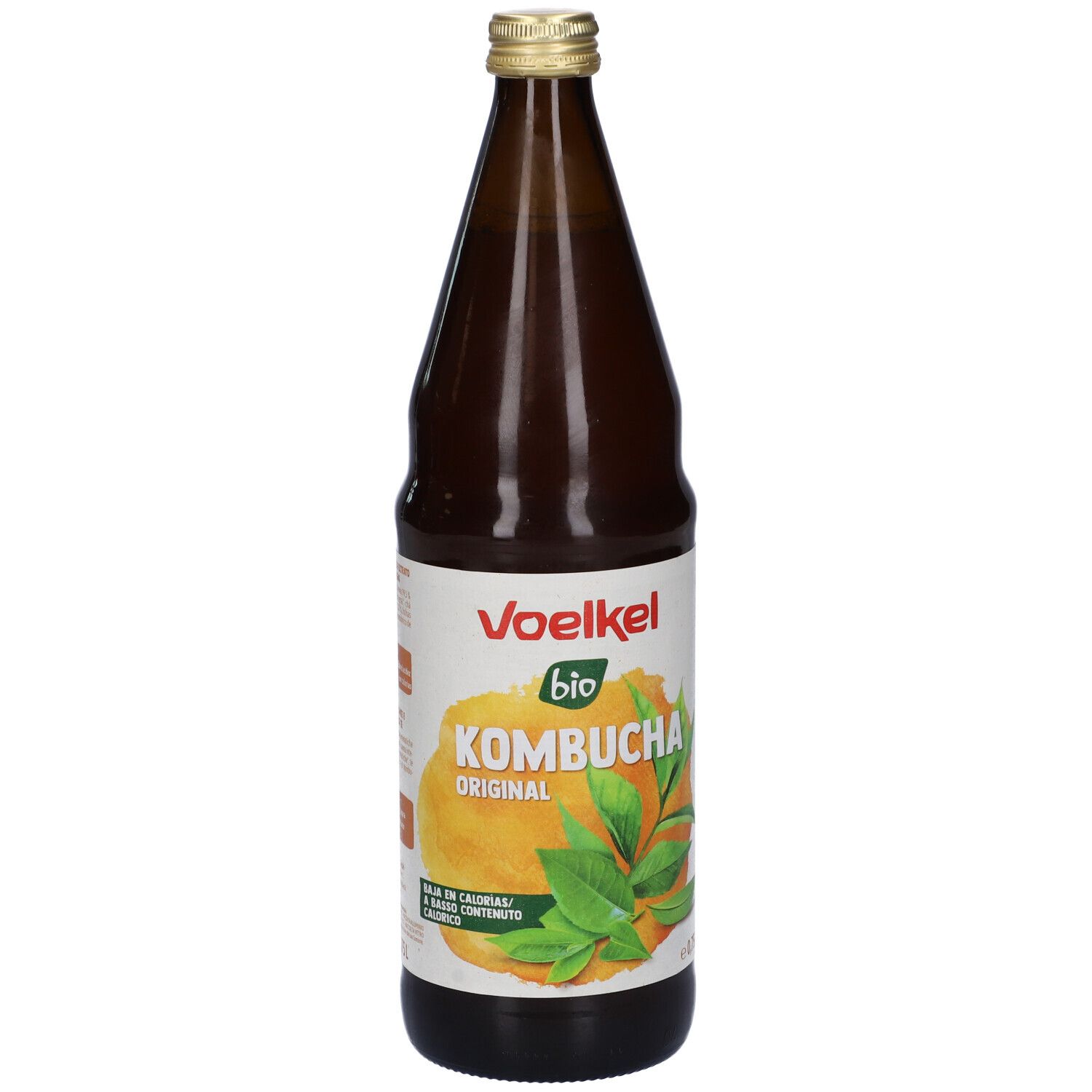 Bottiglia di vetro marrone con tappo dorato. Etichetta "Voelkel bio Kombucha Original", sfondo giallo e foglie.