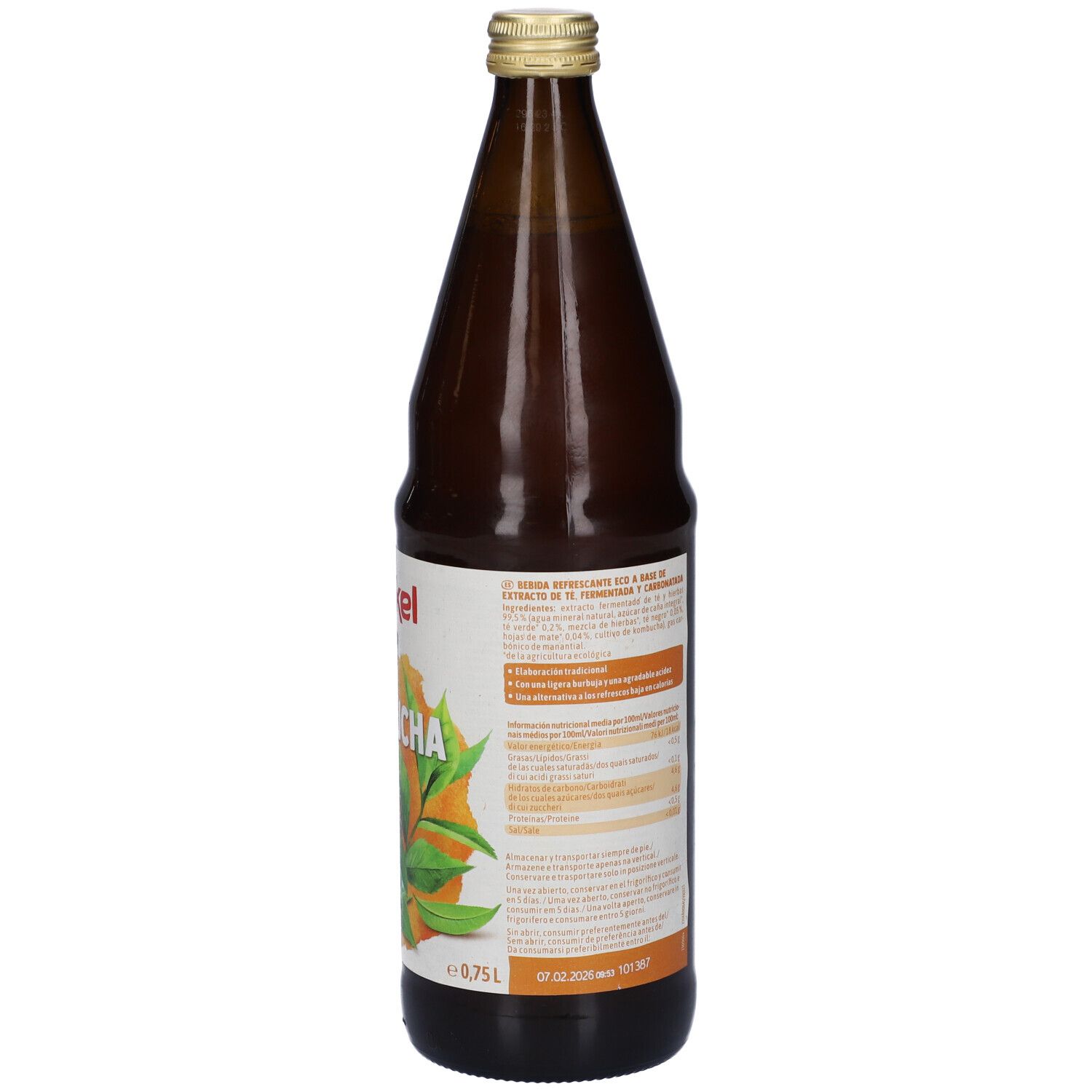 Bottiglia di vetro marrone con tappo dorato. Retro con testo, sfondo giallo e foglie. Certificazione bio.