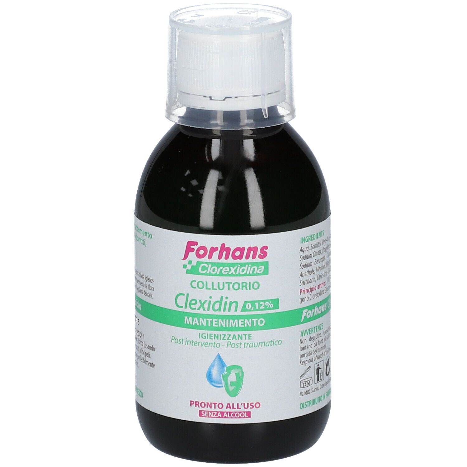 Mundwasserflasche. Aufschrift: Forhans Clexidin 0,12%.
