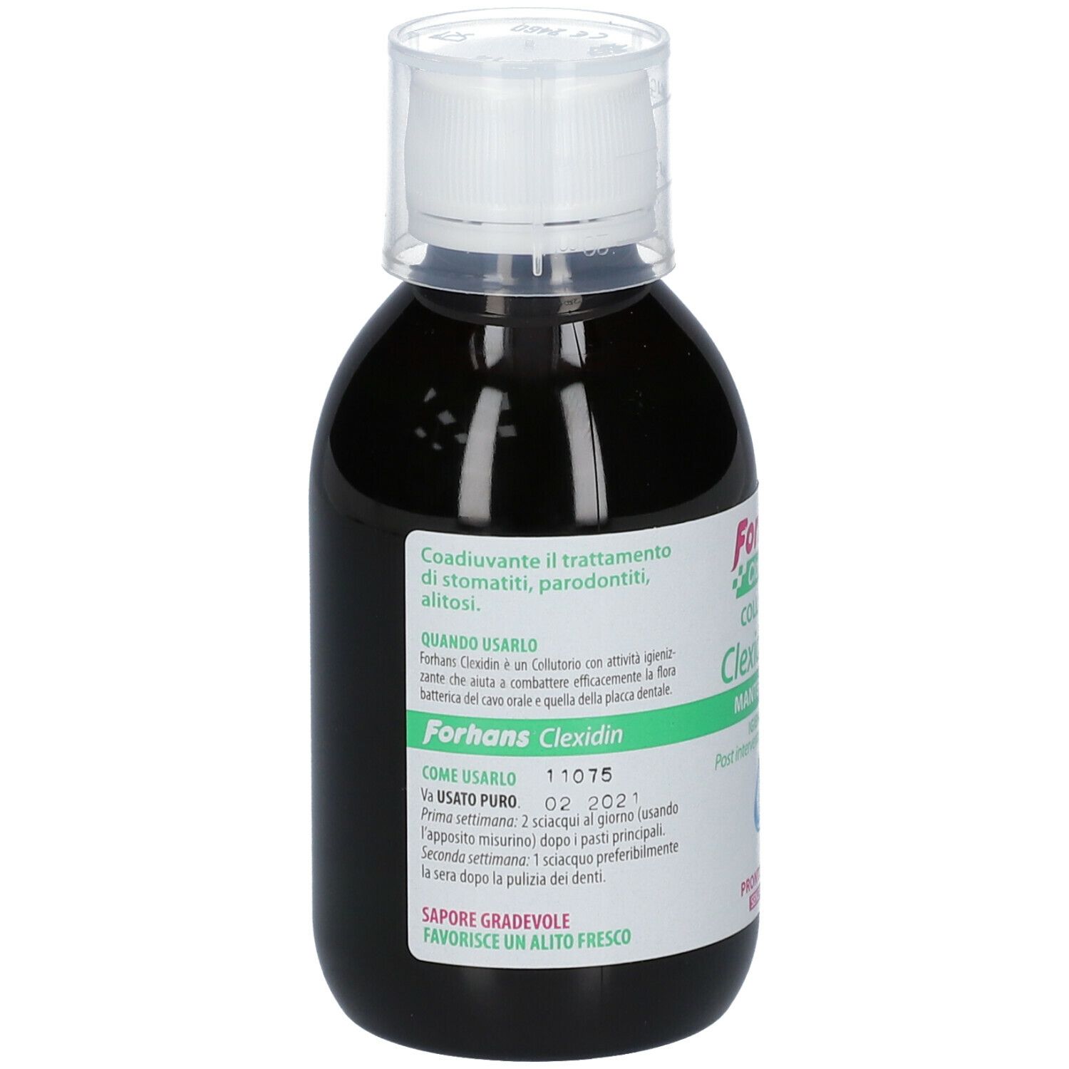 Mundwasserflasche. Aufschrift: Forhans Clexidin 0,12%.