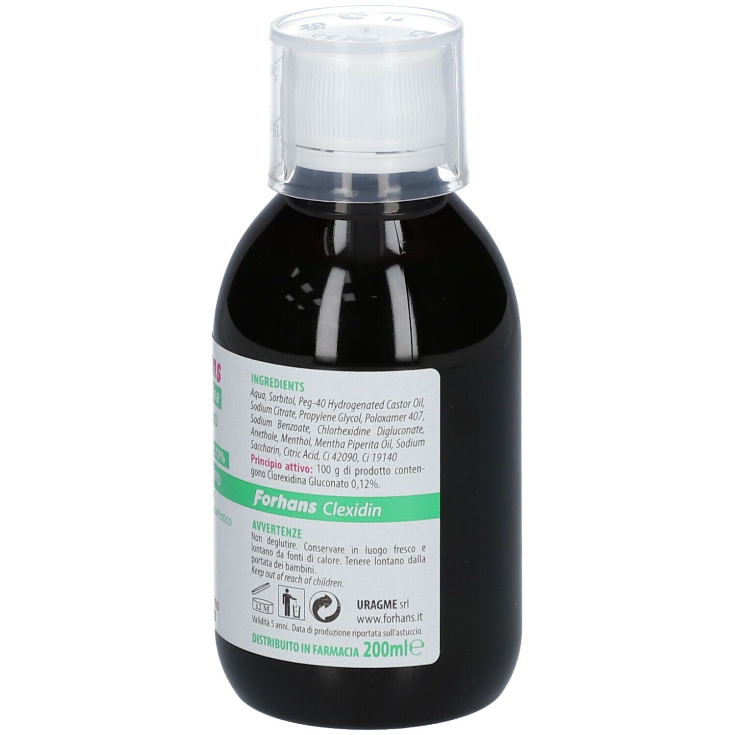 Mundwasserflasche. Aufschrift: Forhans Clexidin 0,12%.