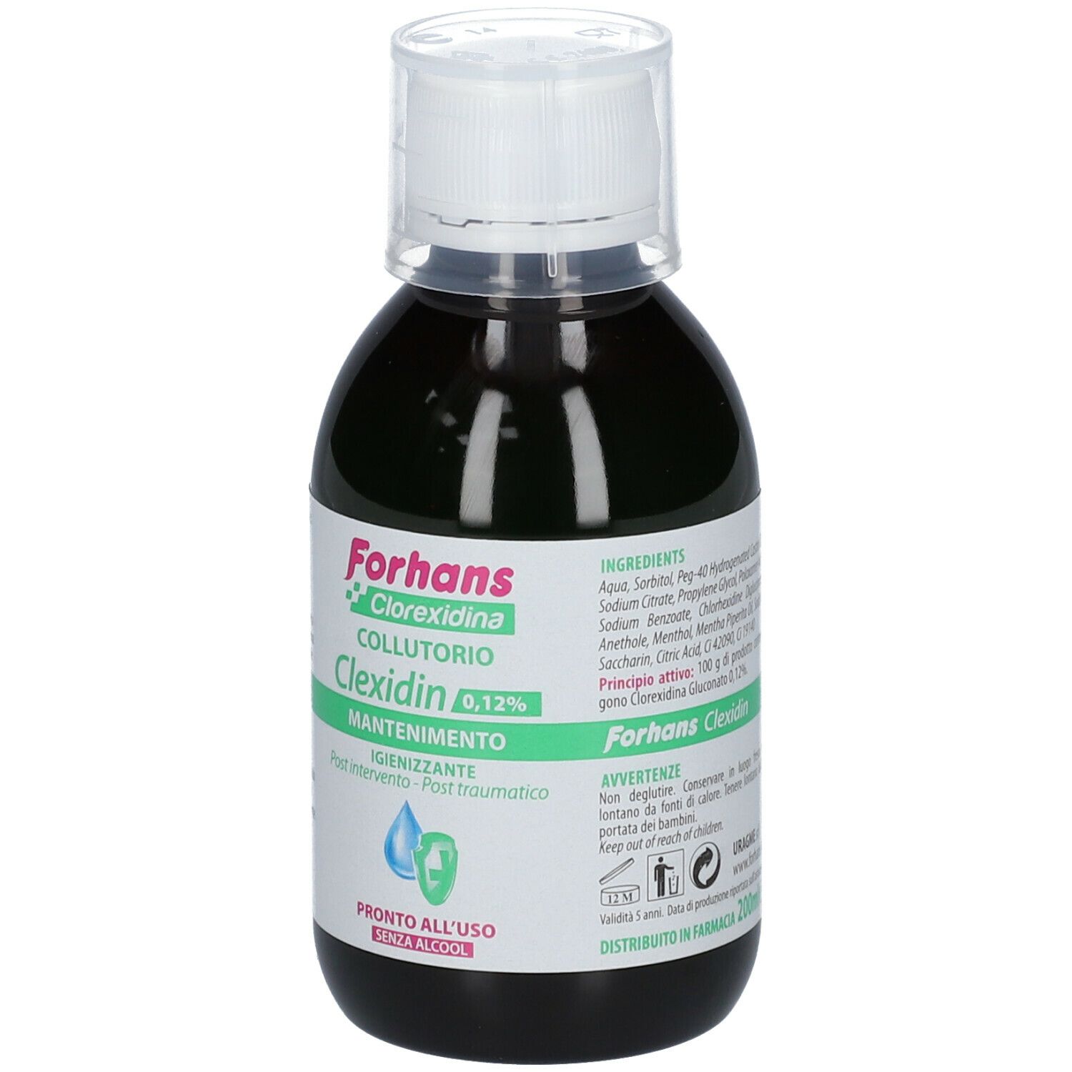 Mundwasserflasche. Aufschrift: Forhans Clexidin 0,12%.