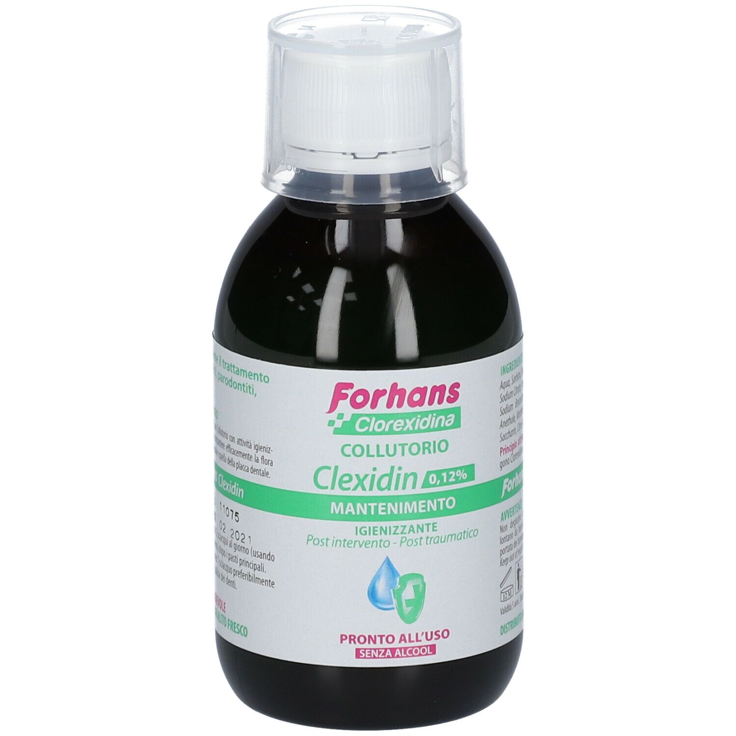 Mundwasserflasche. Aufschrift: Forhans Clexidin 0,12%.
