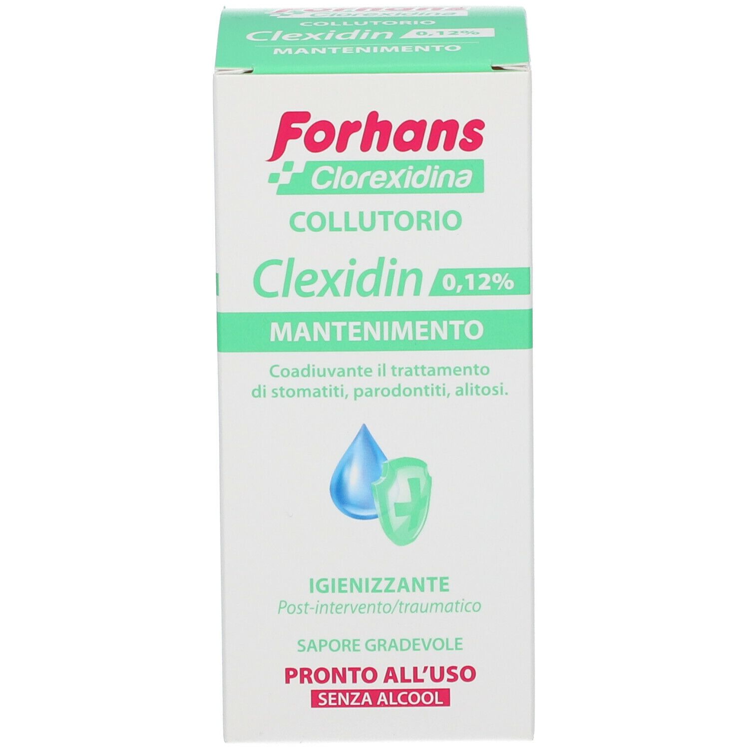 Schachtel. Aufschrift: Forhans Clexidin 0,12%.