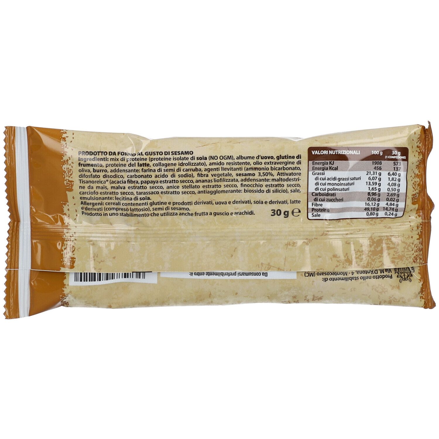 Confezione con testo. Scritta: PRODOTTO DA, GUSTO DI SESAMO. Informazioni nutrizionali e 30g.