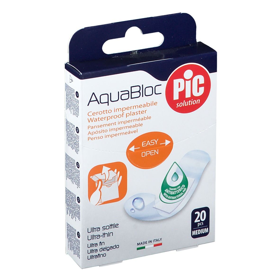 Confezione di cerotti AquaBloc. Contiene 20 pezzi. Istruzioni Easy Open. Ultra sottile.