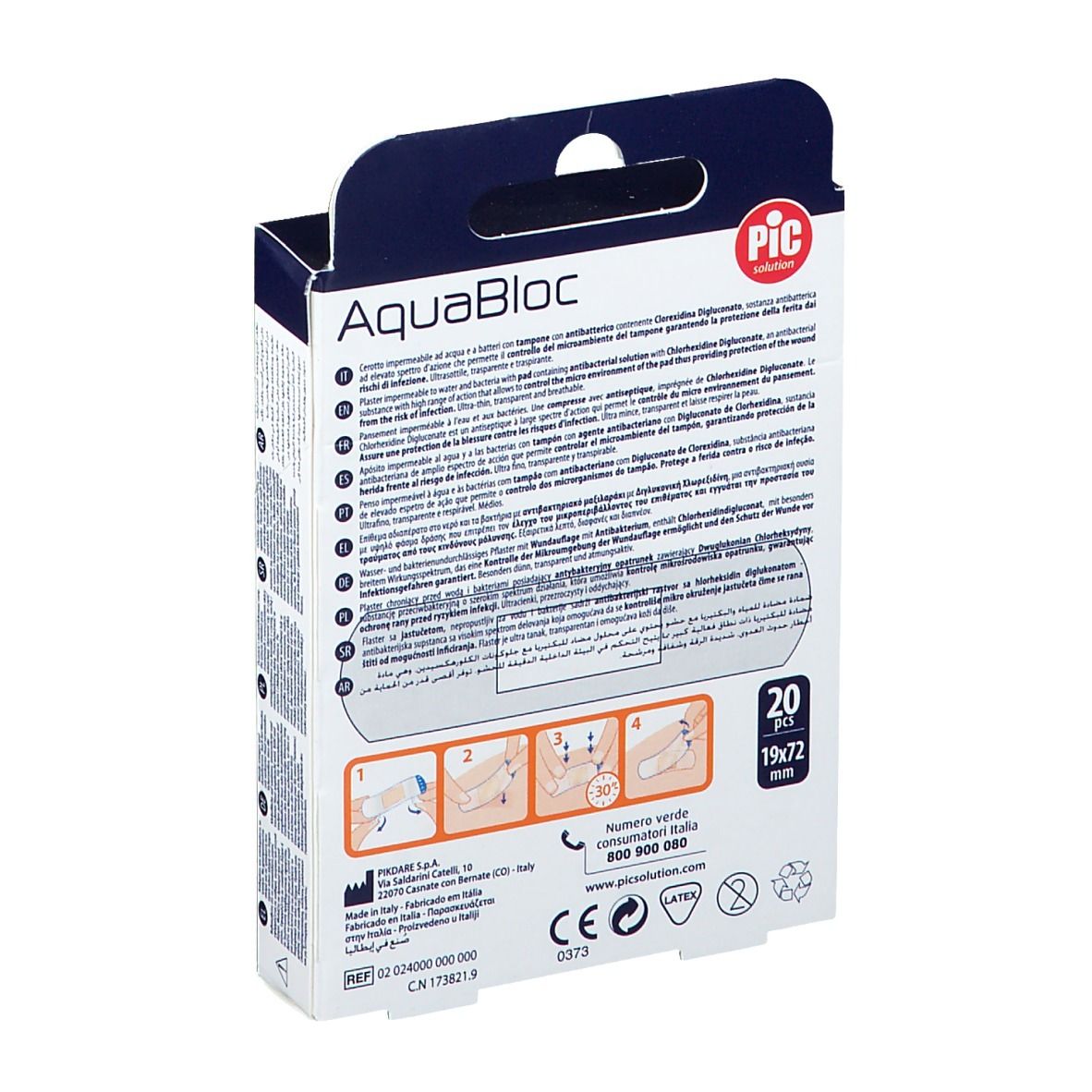 Retro della confezione di cerotti AquaBloc. Contiene 20 pezzi. Con indicazione dimensioni 19x72 mm.