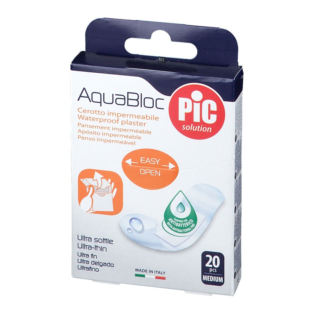 Confezione di cerotti AquaBloc. Contiene 20 pezzi. Istruzioni Easy Open. Ultra sottile.