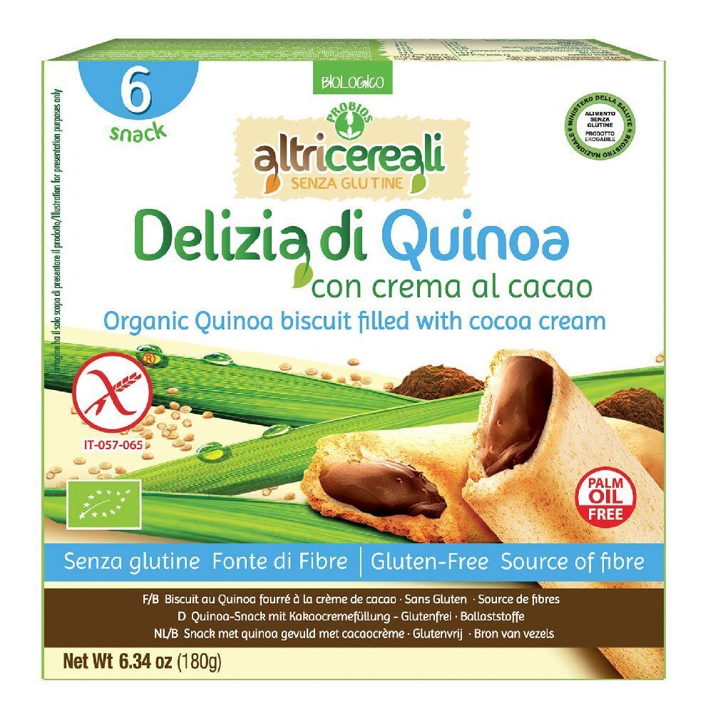 Confezione di 6 snack alla quinoa senza glutine con crema al cacao. Contiene marchio biologico e senza olio di palma.