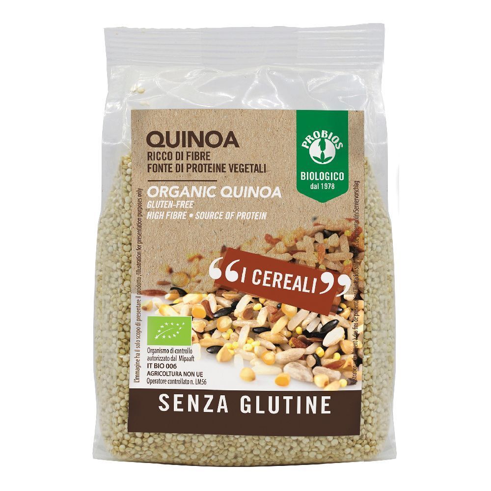Confezione di quinoa. Scritta: Quinoa biologica, senza glutine, ricca di fibre e proteine. Marchio: Probios.