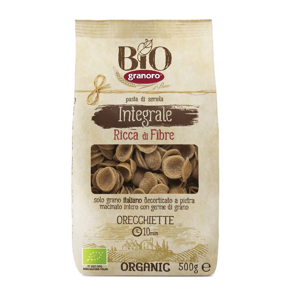 Confezione di Orecchiette Granoro Bio Integrale. Scritta: Integrale Ricca di Fibre. Certificazione biologica.