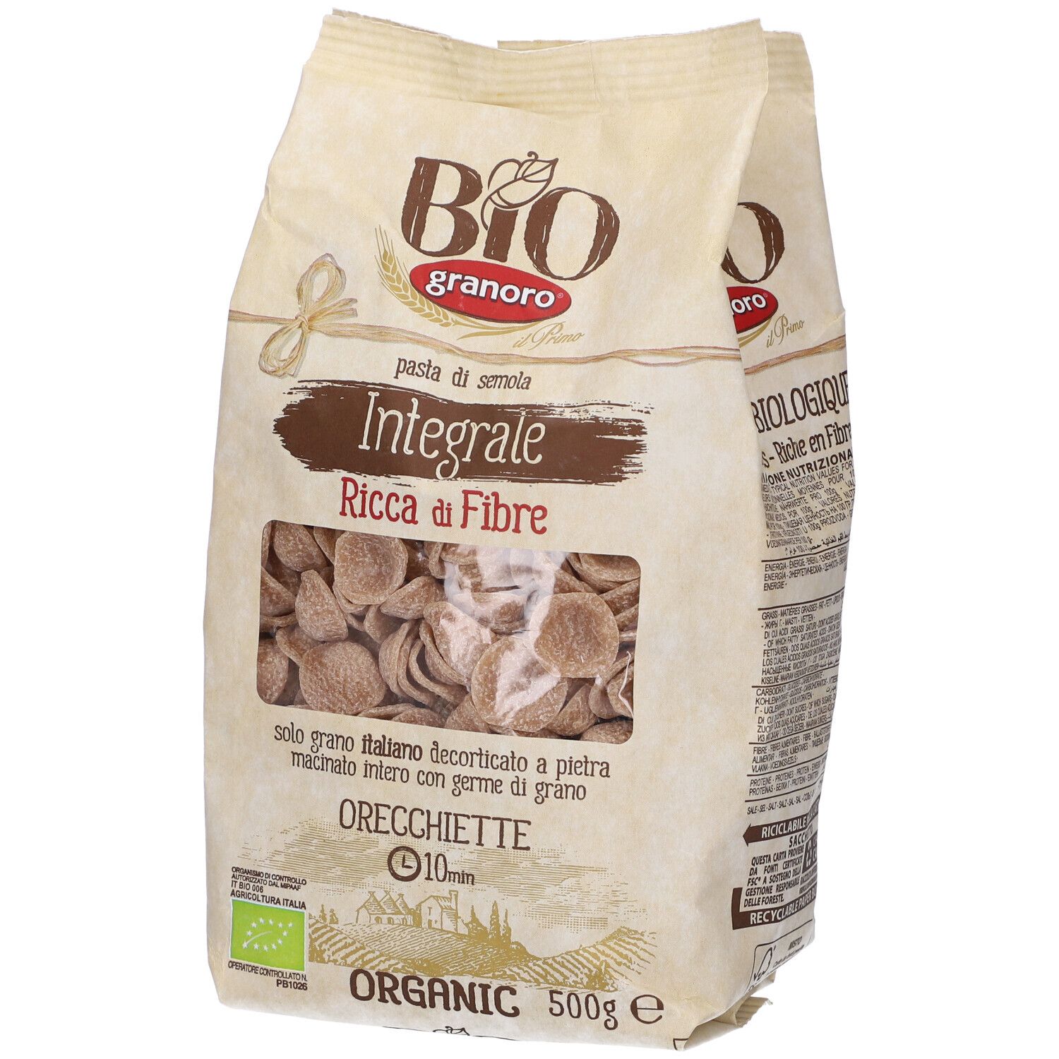Confezione di Orecchiette Granoro Bio Integrale con finestra. Scritta: Integrale Ricca di Fibre.