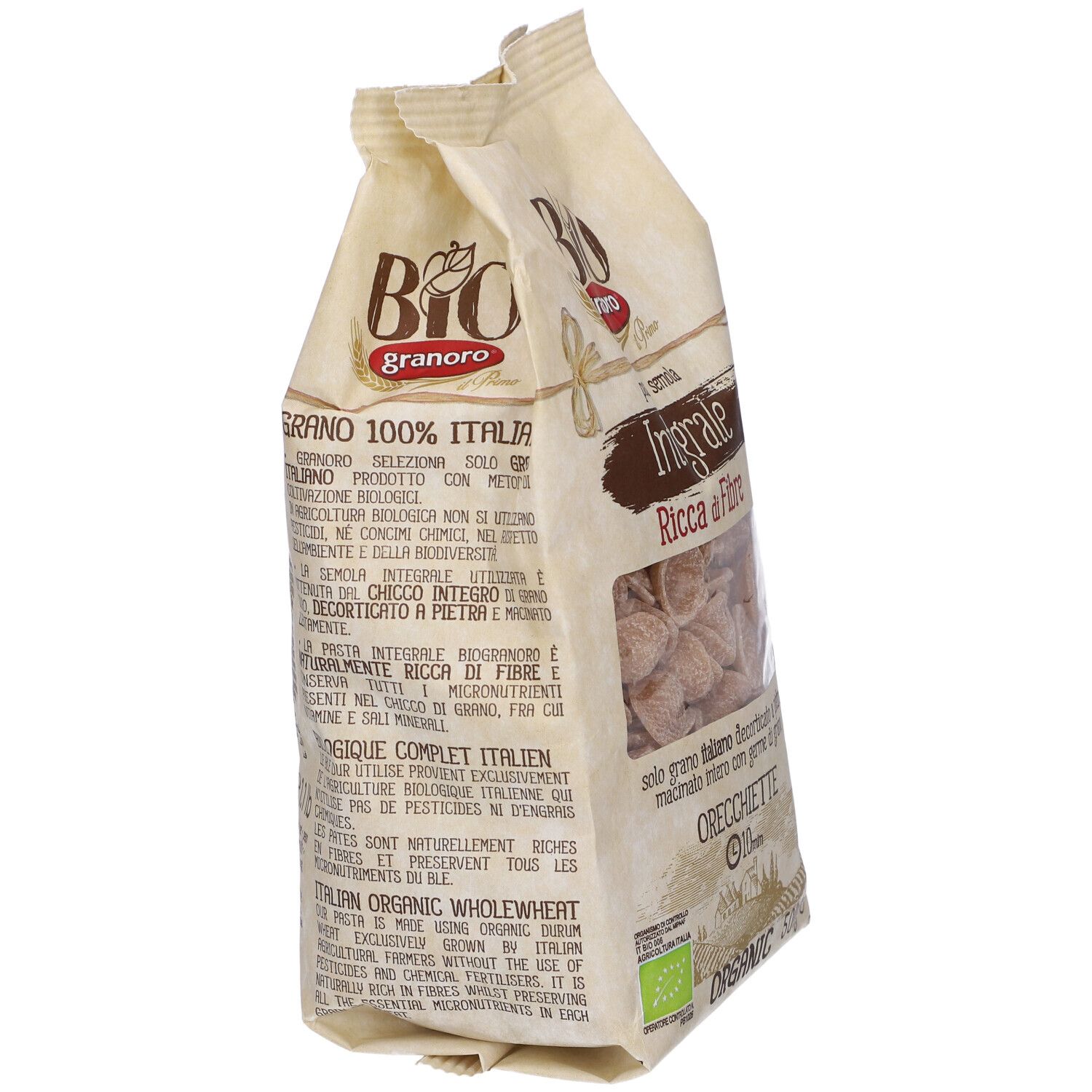 Confezione di Orecchiette Granoro Bio Integrale, vista laterale con testo. Certificazione bio.