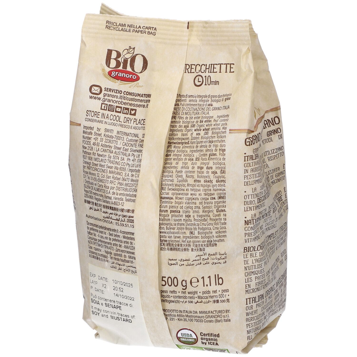 Retro della confezione di Orecchiette Granoro Bio Integrale. Testo e certificazione bio.