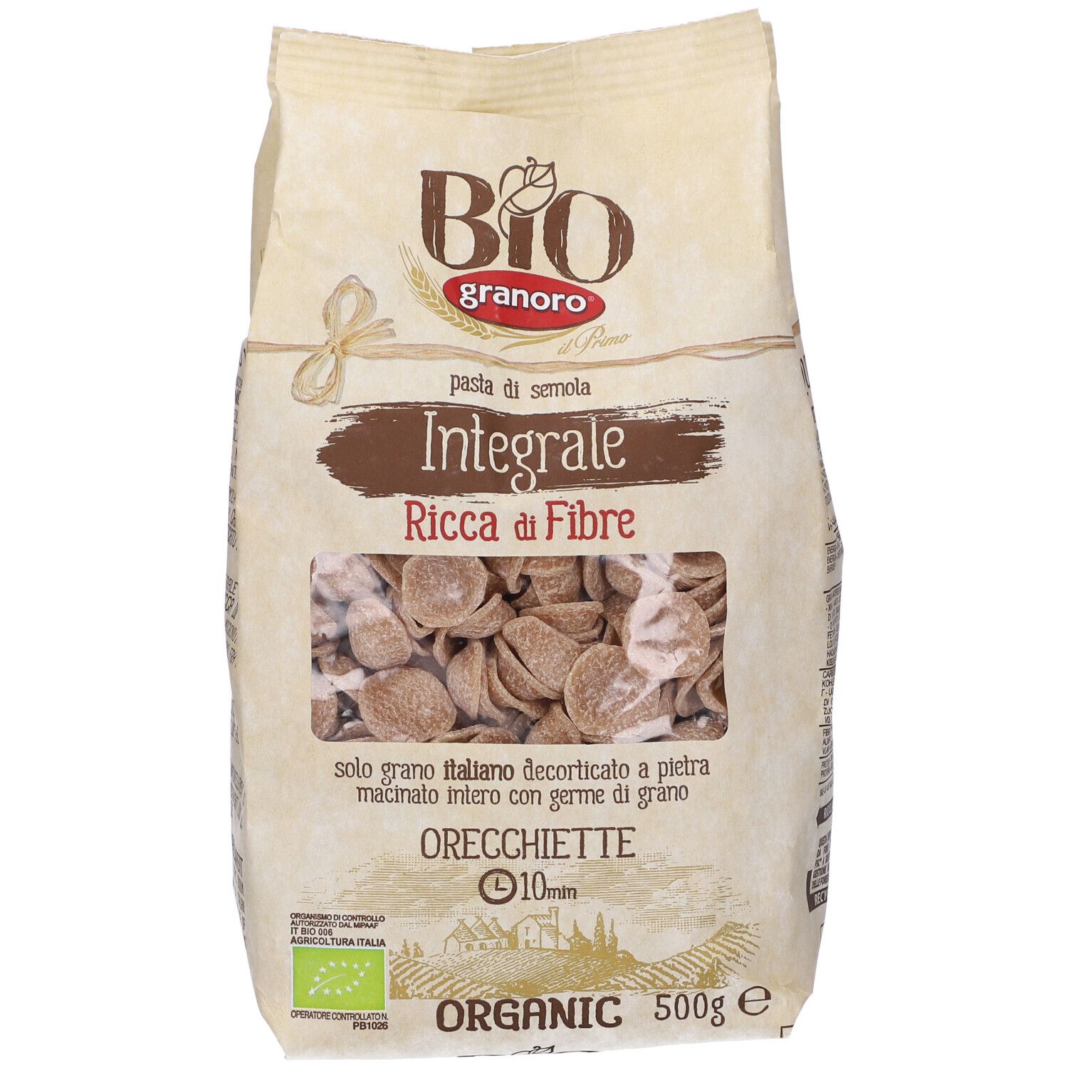 Confezione di Orecchiette Granoro Bio Integrale con finestra. Scritta: Integrale Ricca di Fibre.