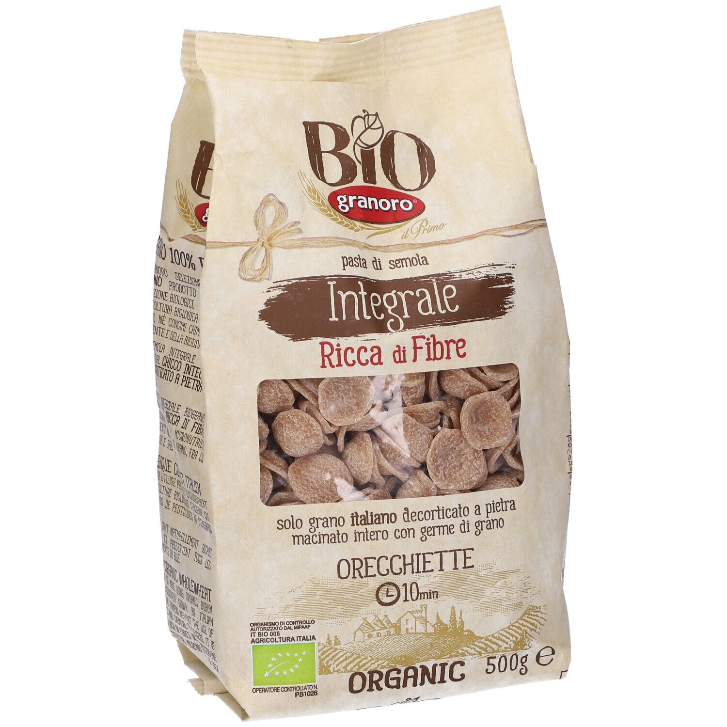 Confezione di Orecchiette Granoro Bio Integrale con finestra. Scritta: Integrale Ricca di Fibre.