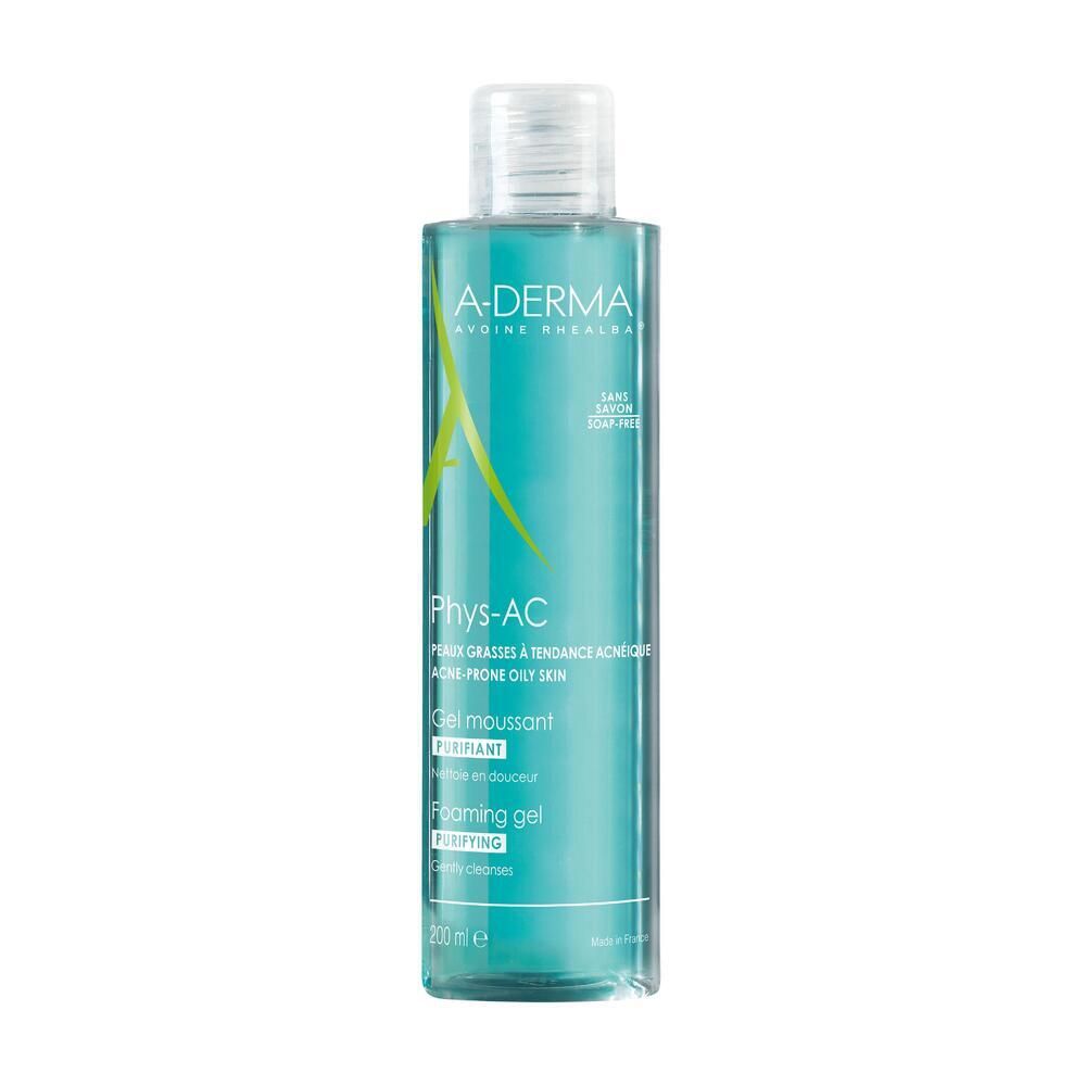 Gel nettoyant A-DERMA Phys-AC. Flacon transparent, liquide bleu-vert. Bouchon blanc. Nom du produit et logo visibles.