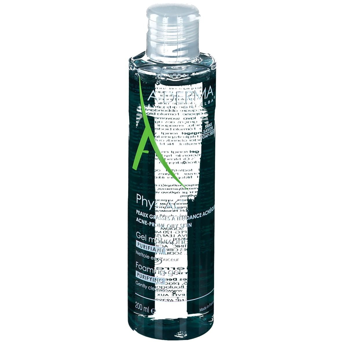 Gel nettoyant A-DERMA Phys-AC. Face avant. Flacon transparent avec éléments verts et blancs. Nom du produit visible.