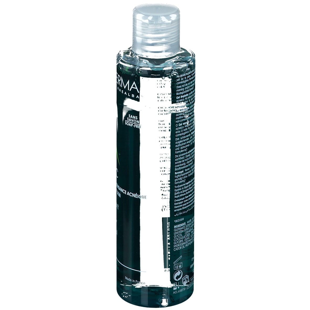 Dos du flacon A-DERMA Phys-AC. Texte multilingue. Code-barres et informations fabricant.