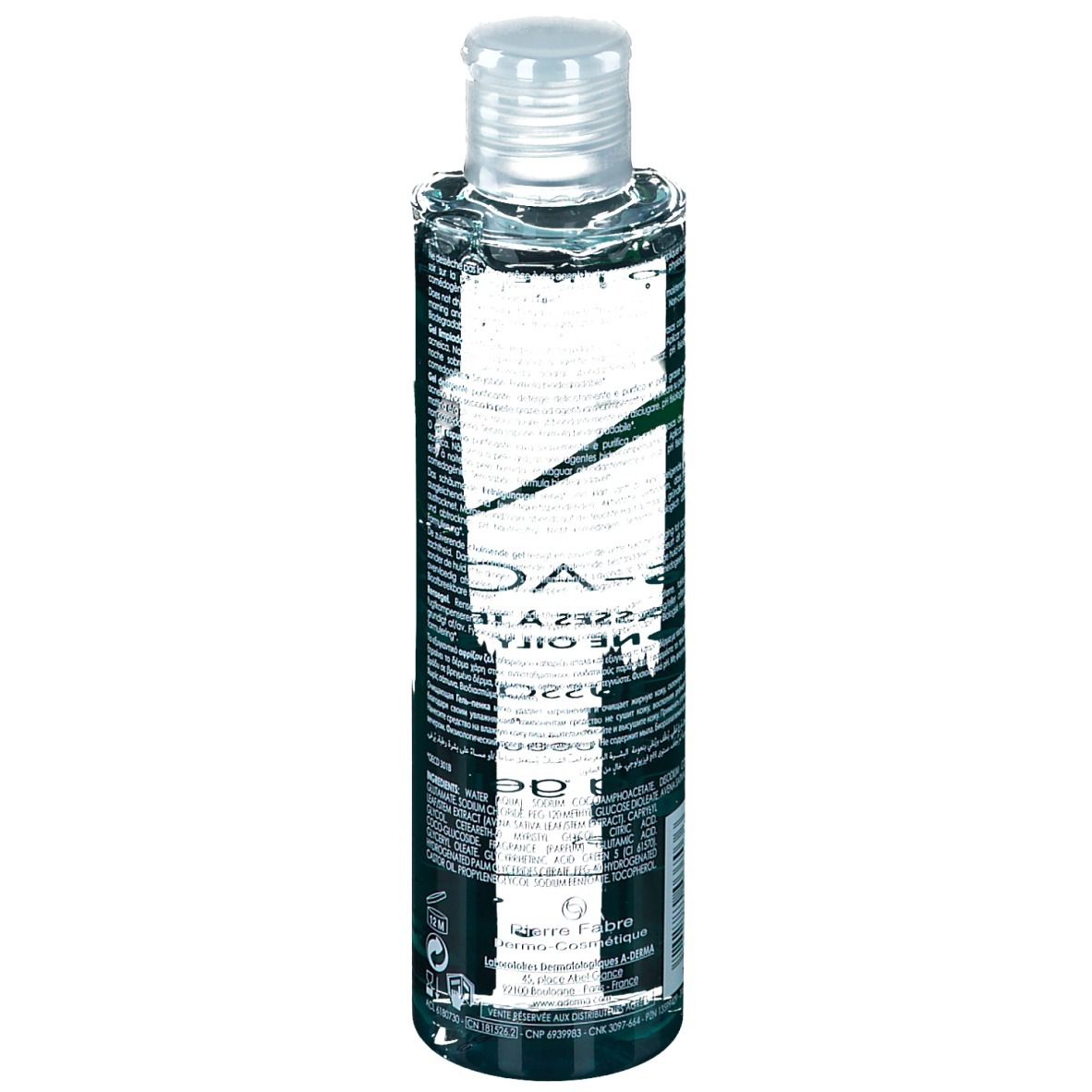 Dos du flacon A-DERMA Phys-AC. Texte multilingue. Code-barres et informations fabricant.
