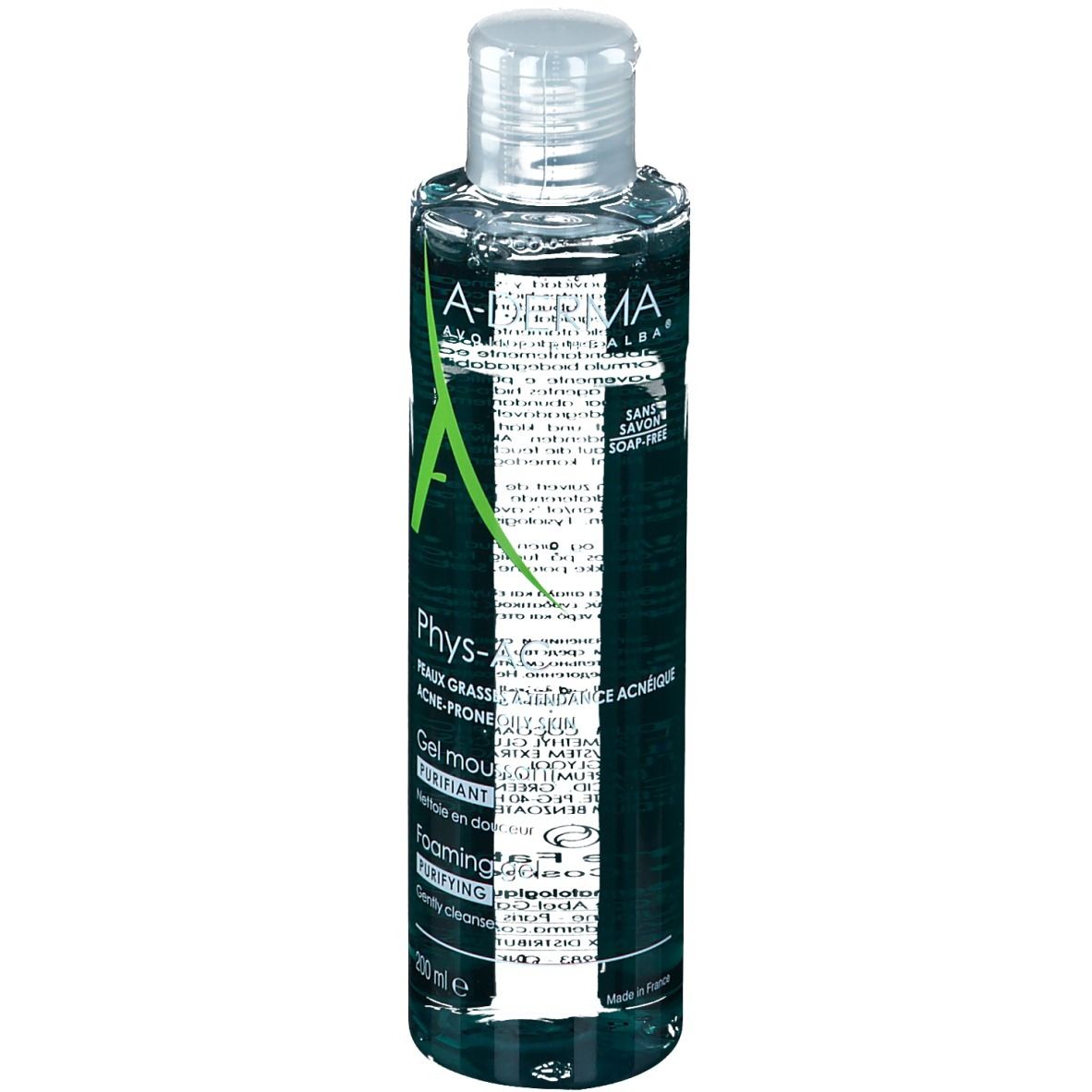 Gel nettoyant A-DERMA Phys-AC. Face avant. Flacon transparent avec éléments verts et blancs. Nom du produit visible.