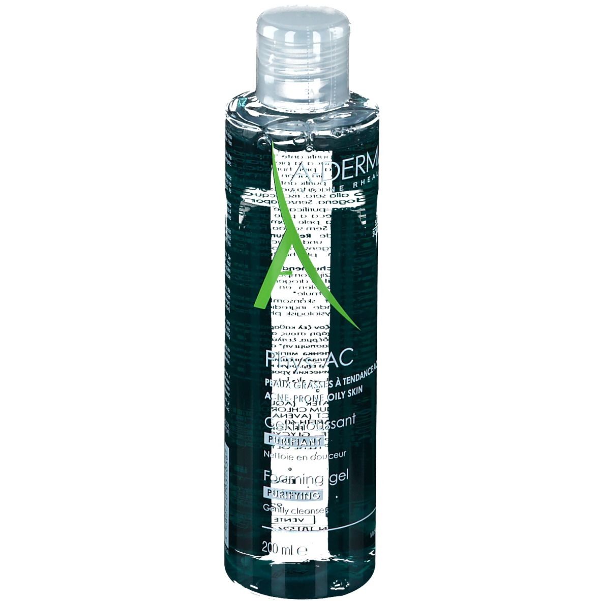 Gel nettoyant A-DERMA Phys-AC. Face avant. Flacon transparent avec éléments verts et blancs. Nom du produit visible.
