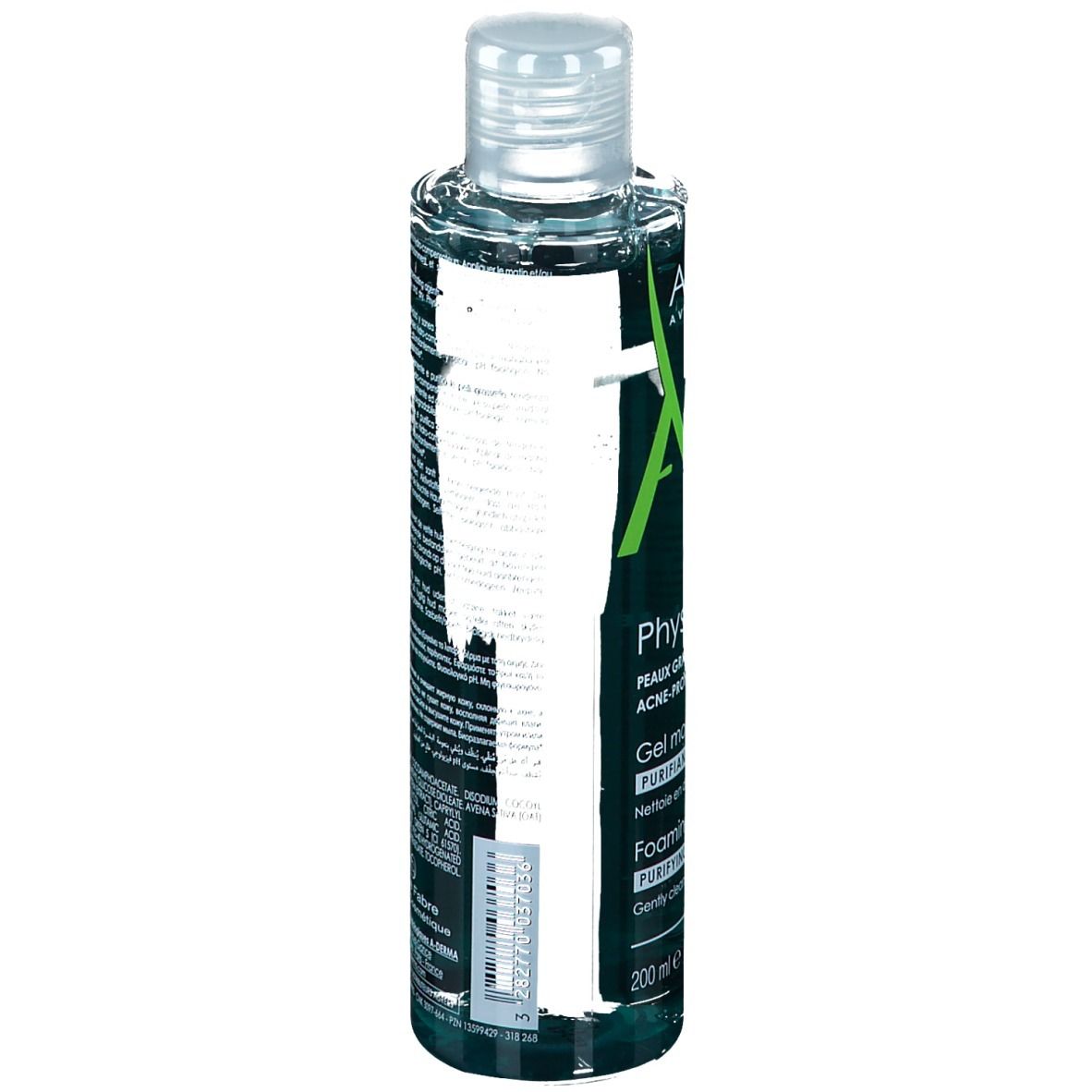 Dos du flacon A-DERMA Phys-AC. Texte multilingue. Code-barres et informations fabricant.