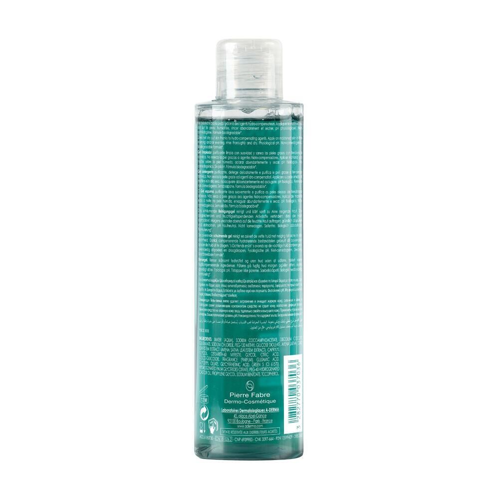 Dos du flacon A-DERMA Phys-AC. Texte multilingue. Code-barres et informations fabricant.