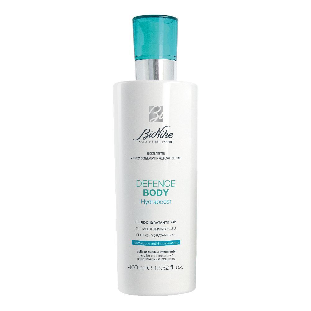 Flacone bianco con erogatore blu. Scritta: Defence Body Hydraboost. 400 ml.