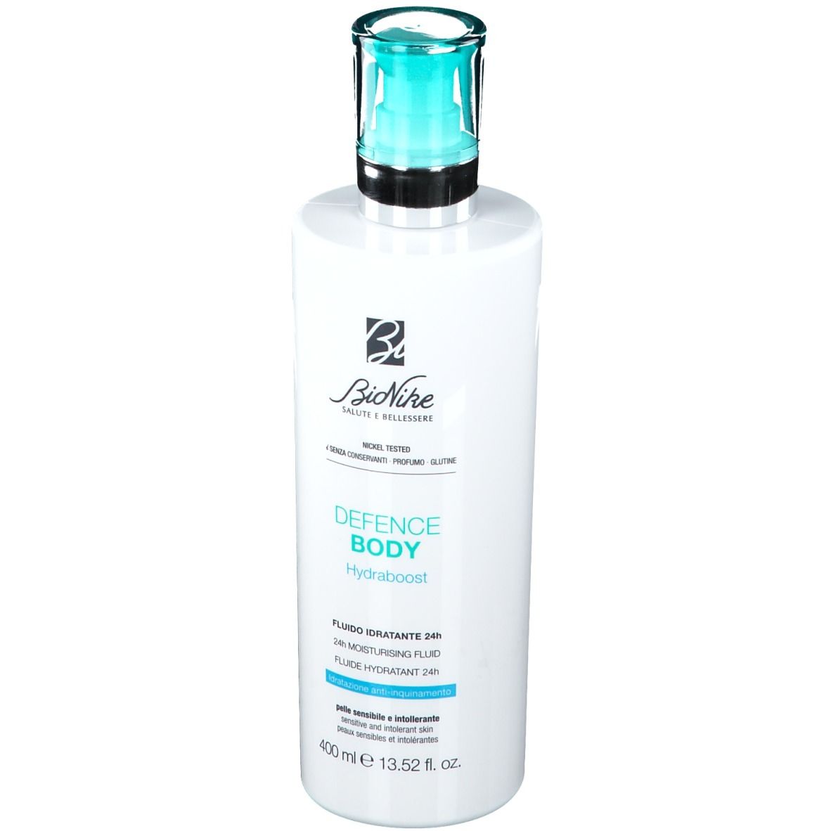 Flacone bianco con erogatore blu. Scritta: Defence Body Hydraboost. 400 ml.