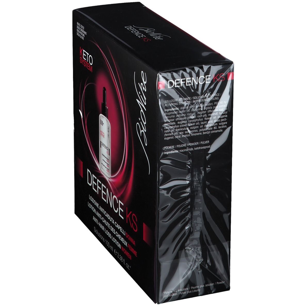 Confezione BioNike Defence KS. Scatola nera, vista obliqua. Immagine del prodotto e testo visibili.