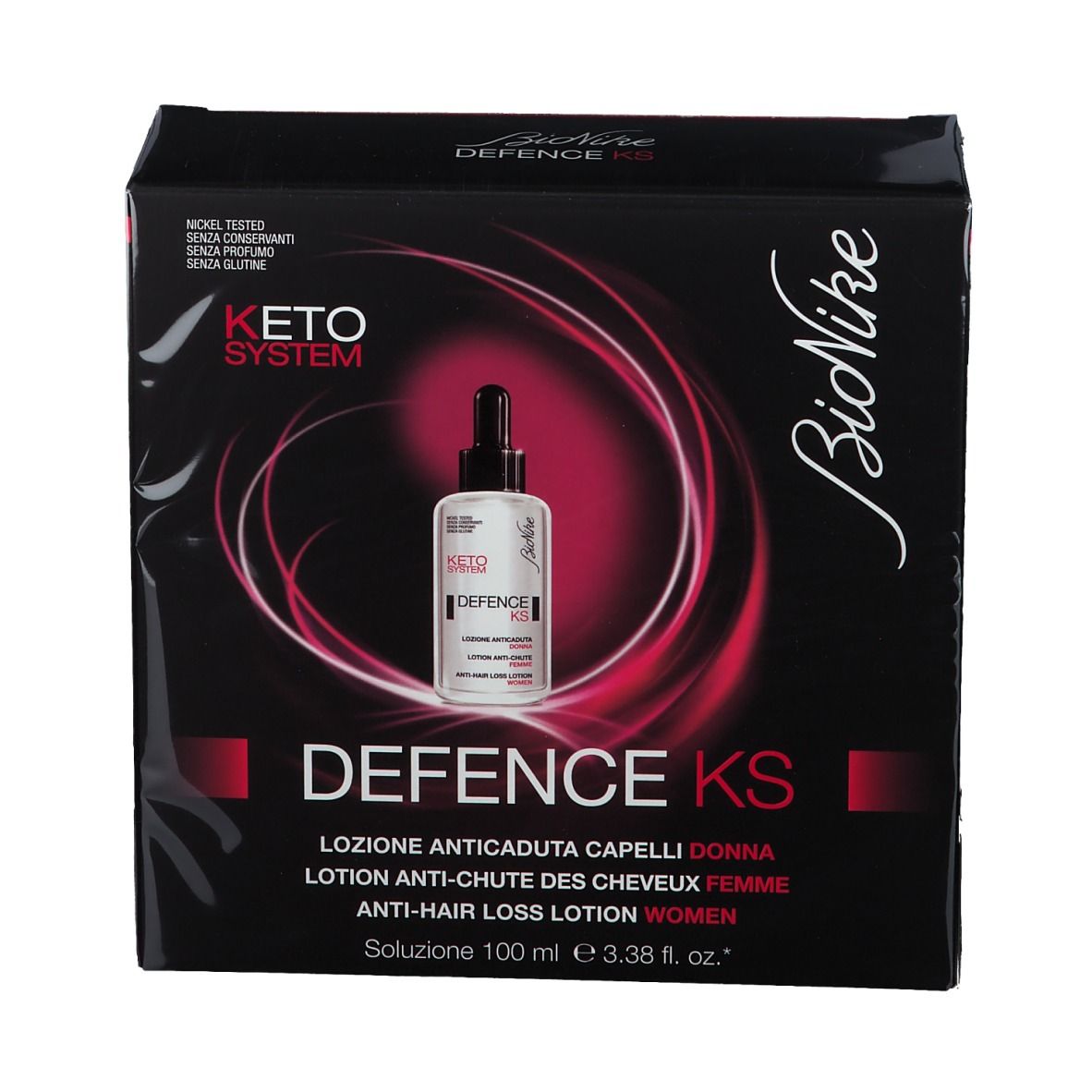 Confezione BioNike Defence KS. Scatola nera con immagine del prodotto e testo. Contiene lozione per donne.