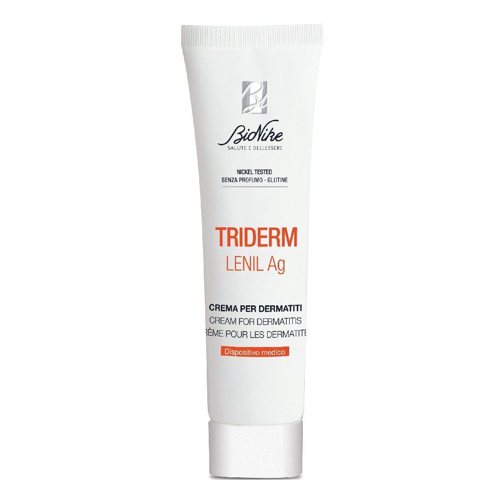 Tube de crème TRIDERM LENIL Ag. Marque BioNike. Tube blanc avec bouchon argenté.