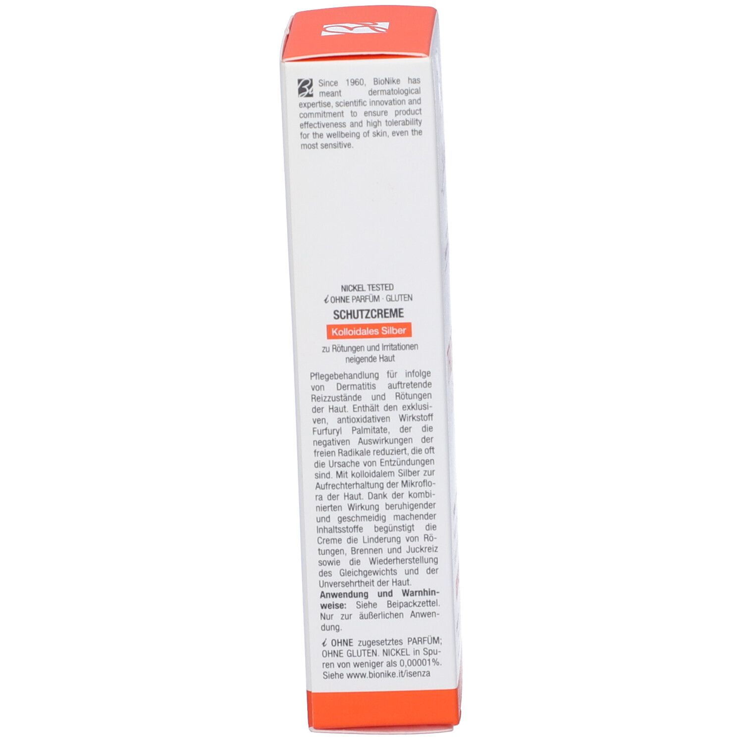 Emballage du produit. Marque BioNike. Texte: Crème protectrice, Argent colloïdal. Vue latérale.