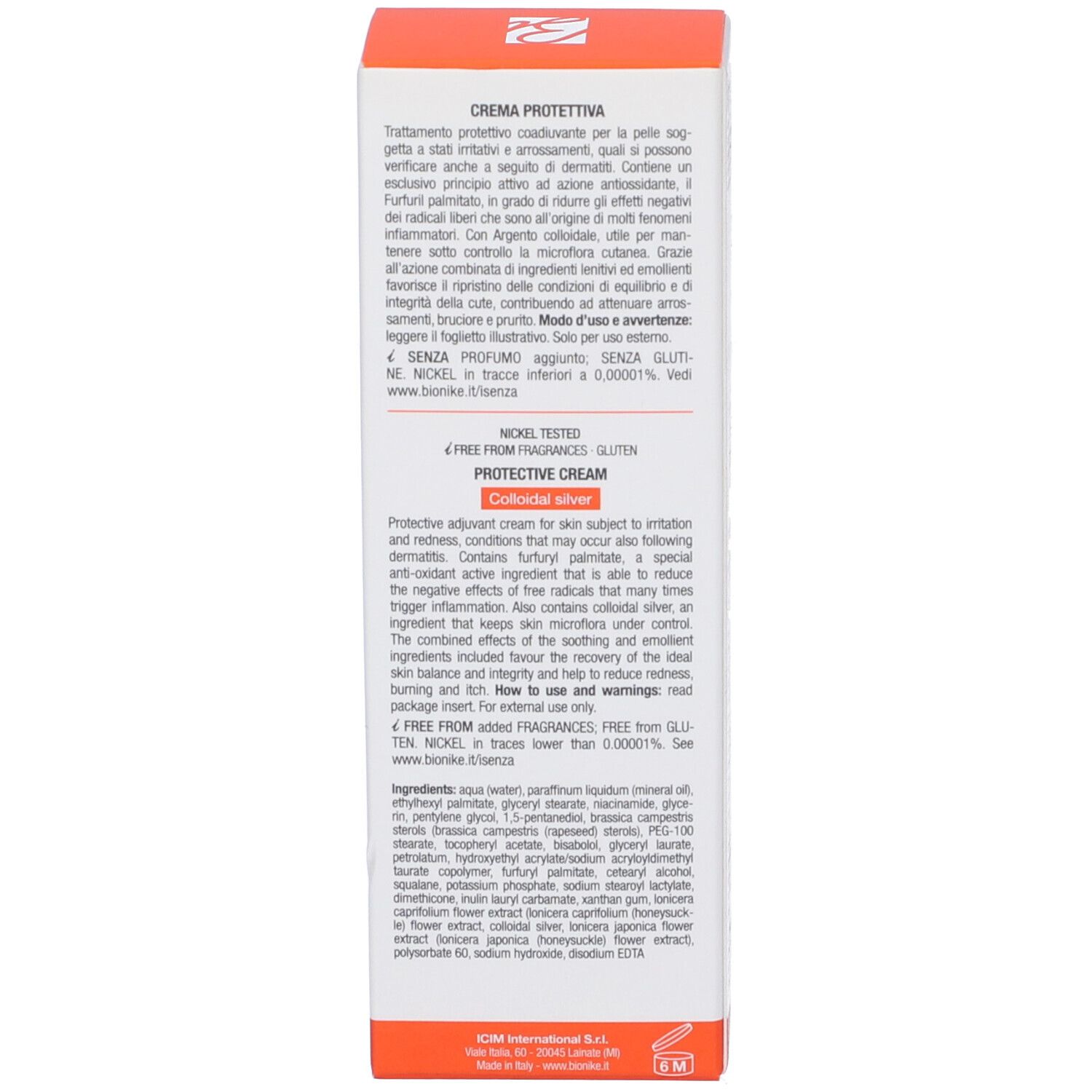 Dos de l'emballage du produit. Texte: Crème protectrice, Argent colloïdal. Ingrédients et utilisation.