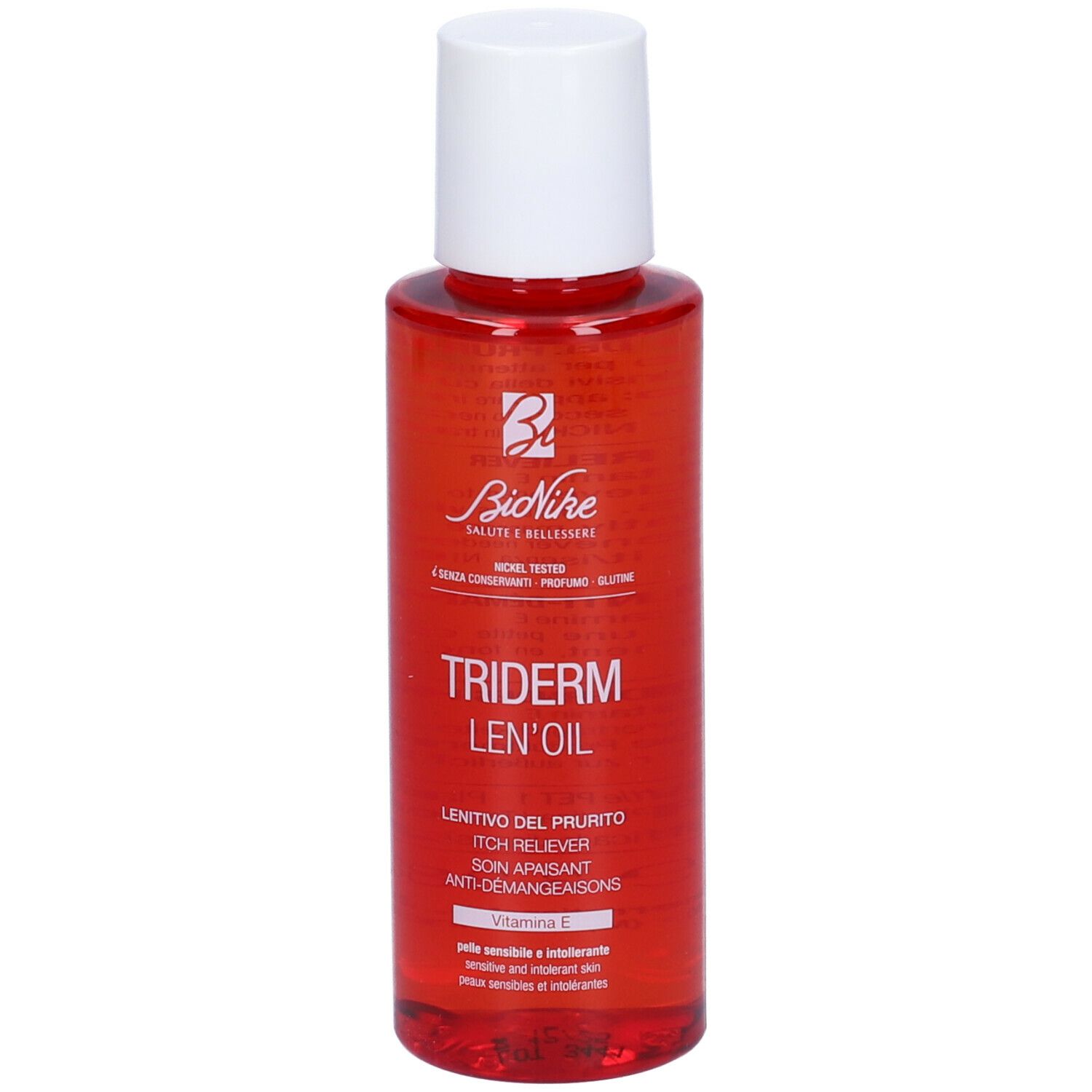 Flacone rosso con tappo bianco. Scritta: Triderm Len'oil, Vitamina E. Marchio: BioNike.