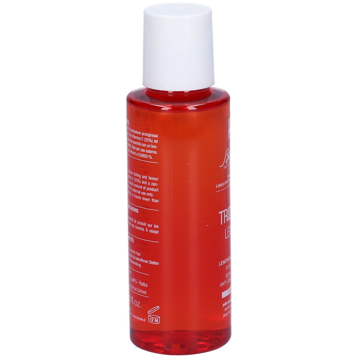 Flacone rosso con tappo bianco. Scritta: Triderm Len'oil, Vitamina E. Marchio: BioNike.