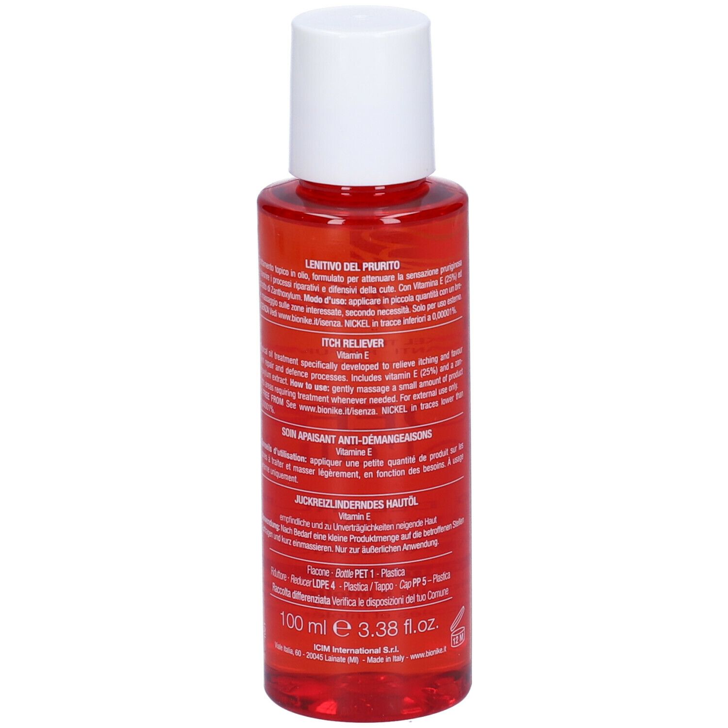 Flacone rosso con tappo bianco. Scritta: Triderm Len'oil, Vitamina E. Marchio: BioNike.