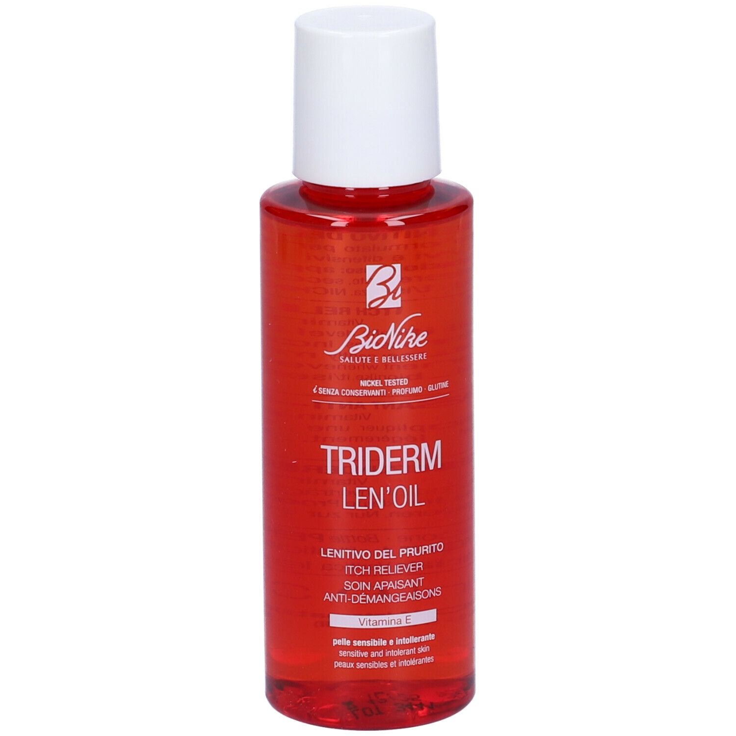 Flacone rosso con tappo bianco. Scritta: Triderm Len'oil, Vitamina E. Marchio: BioNike.