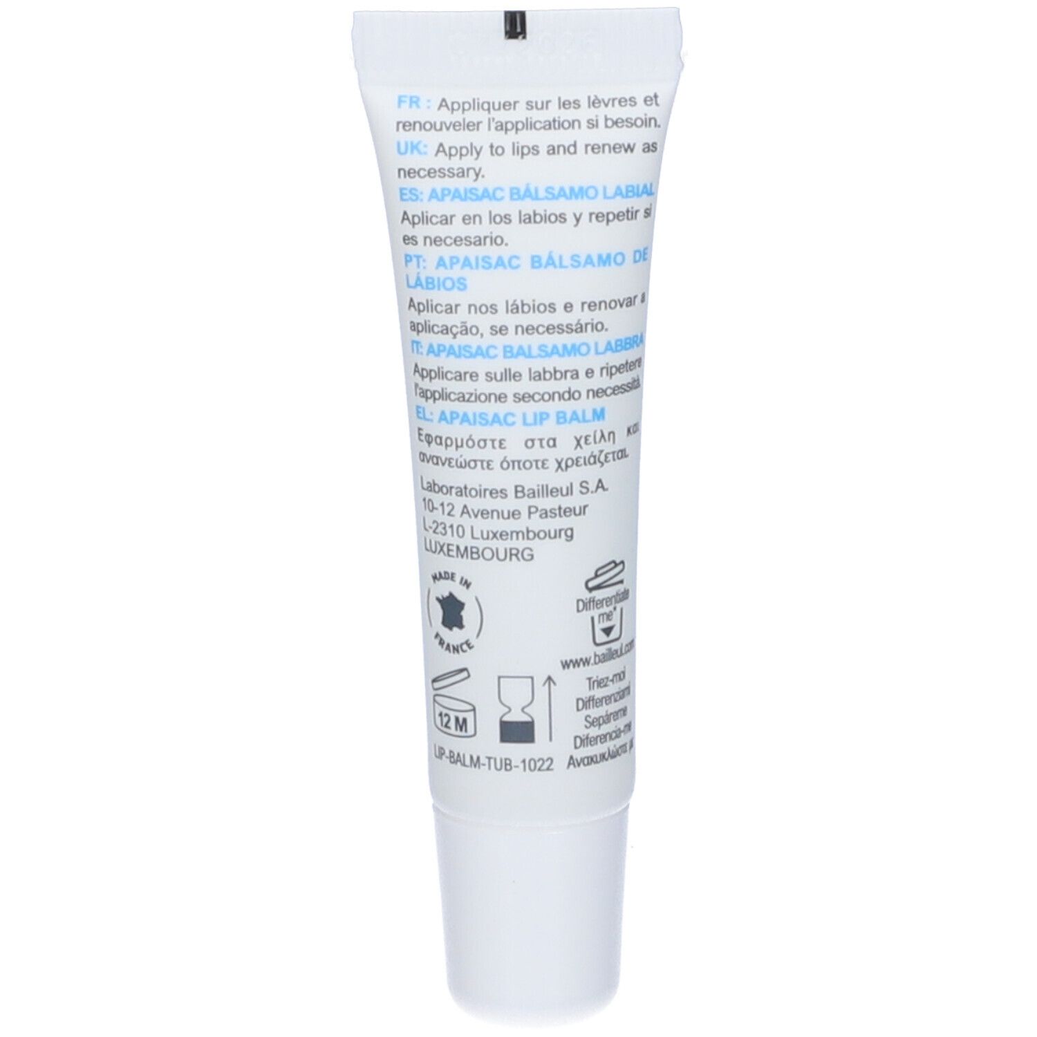 Tubo bianco con testo multilingue. Contiene informazioni su Apaisac Lip Balm. Con pittogrammi e istruzioni per l'uso.