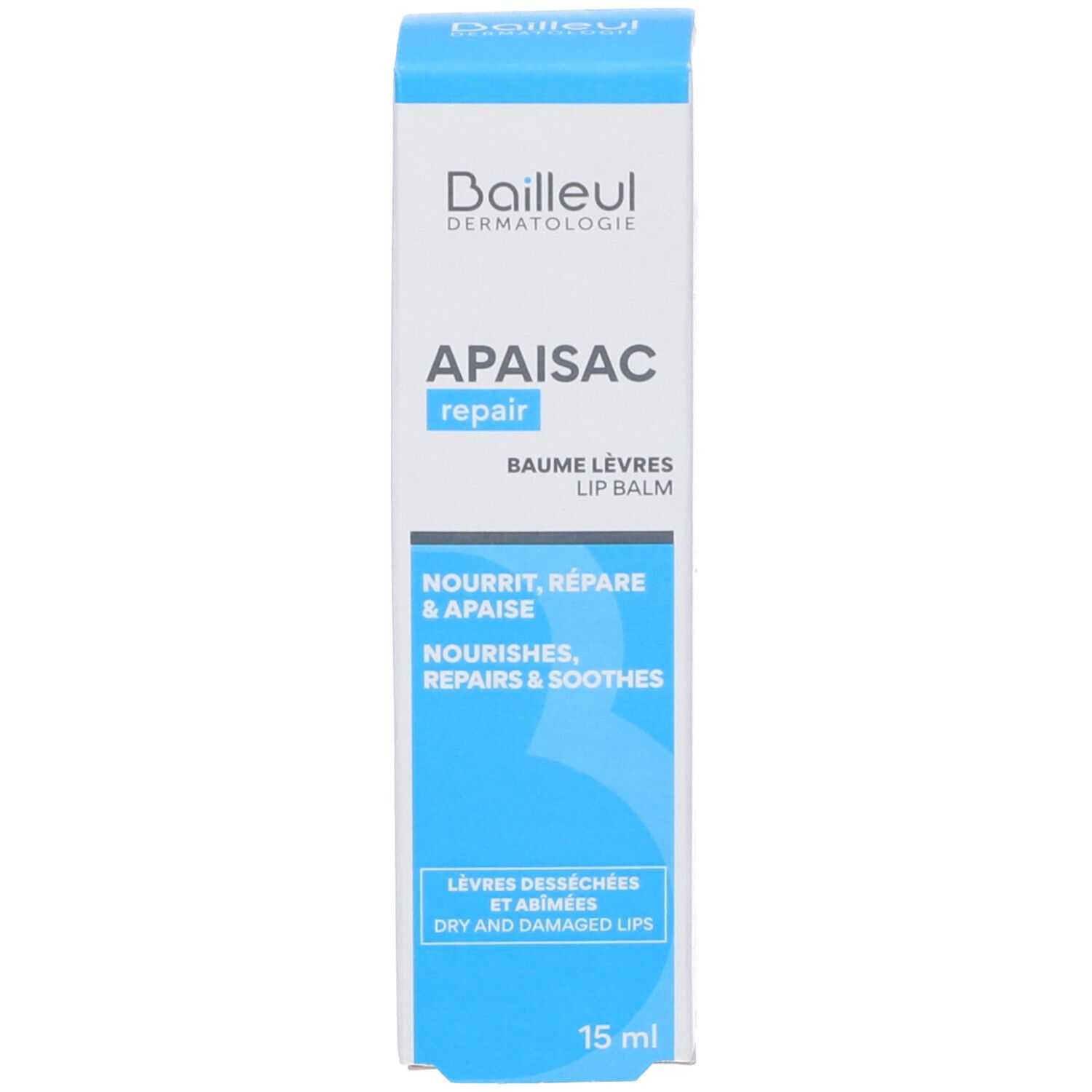 Confezione del prodotto blu e bianca. Contiene Apaisac Repair Balsamo Labbra. Testo: Nutre, ripara & lenisce. Per labbra secche e danneggiate.
