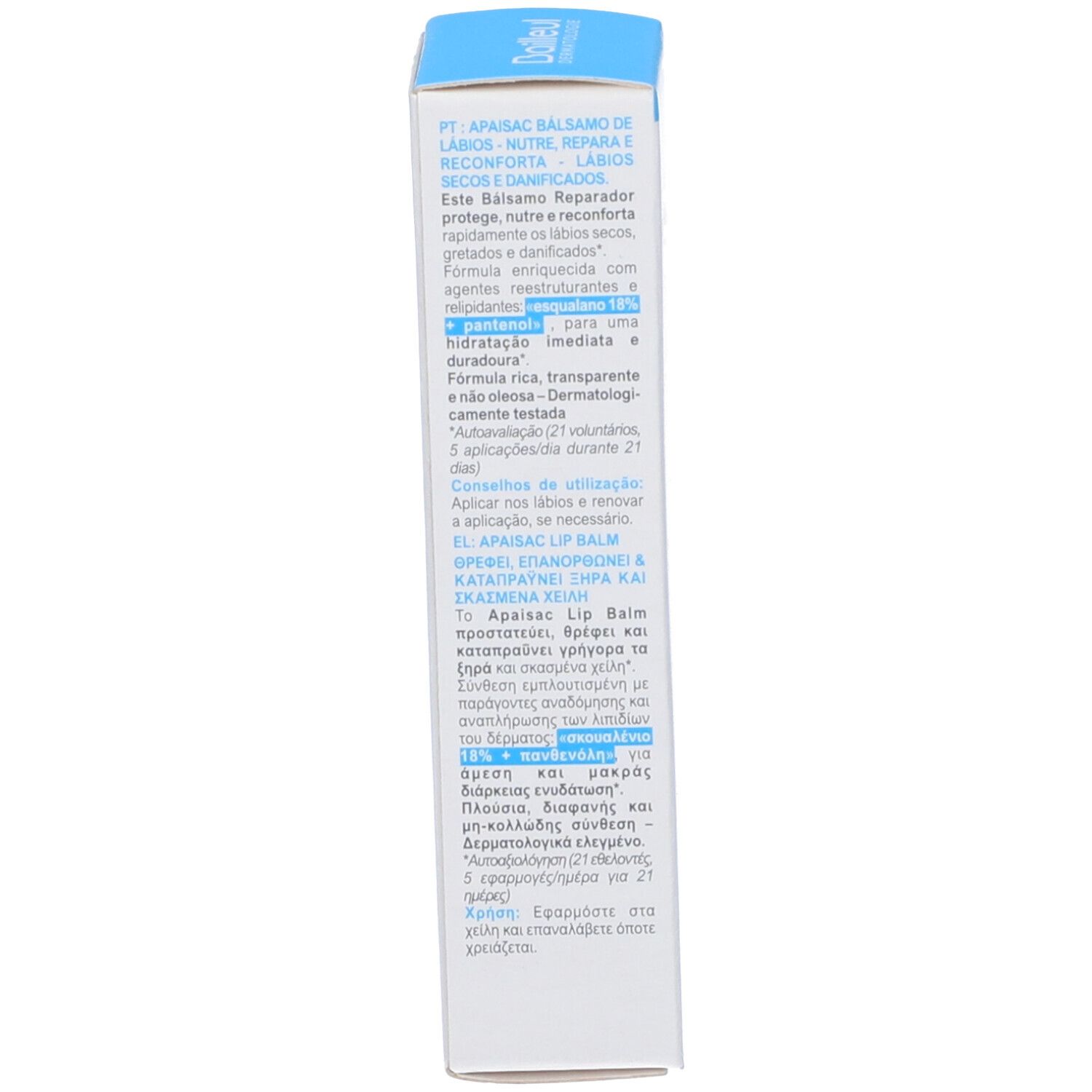 Confezione blu con testo multilingue. Contiene informazioni su Apaisac Lip Balm. Ingredienti e istruzioni per l'uso.