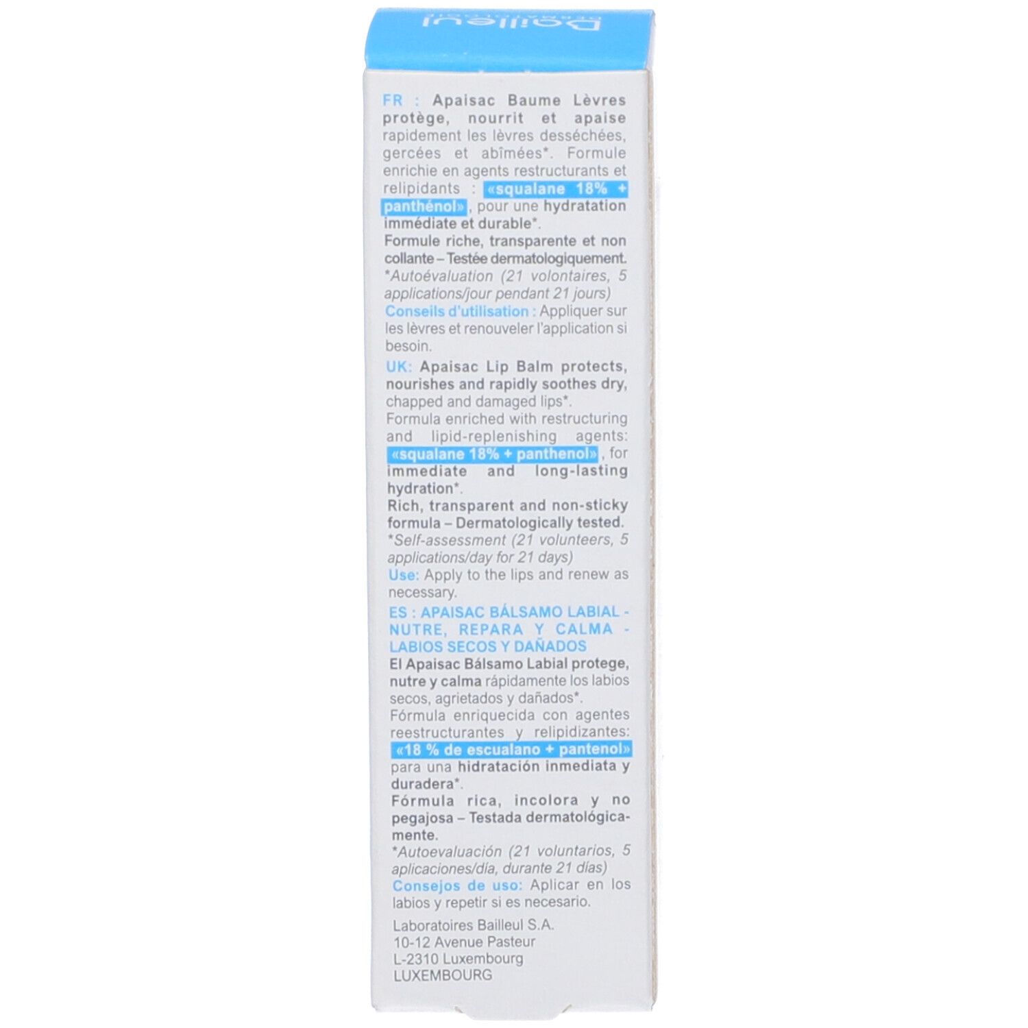 Confezione blu con testo multilingue. Contiene informazioni su Apaisac Lip Balm. Ingredienti e istruzioni per l'uso.