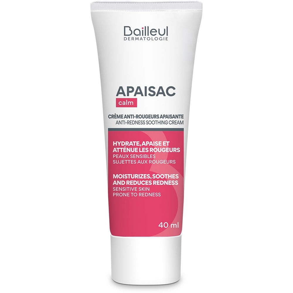 Tubo bianco con sezione rosa. Scritte: APAISAC calm, crema anti-rossore lenitiva. Contiene 40 ml.