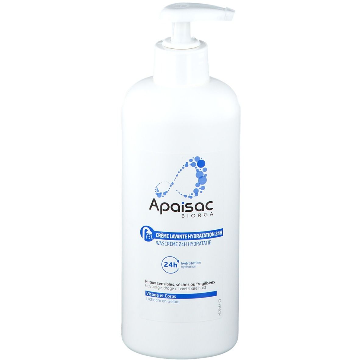 Flacone bianco con dosatore. Scritta: Apaisac Biorga, Crème Lavante Hydratation 24H. Per viso e corpo.