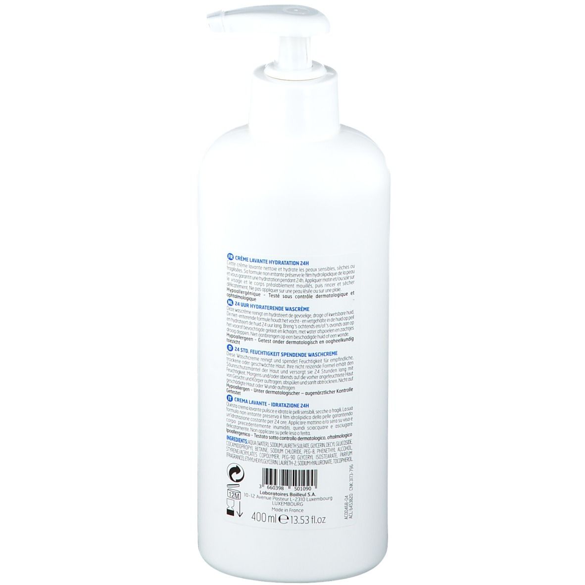 Retro del flacone bianco. Testo multilingue. Volume: 400 ml.