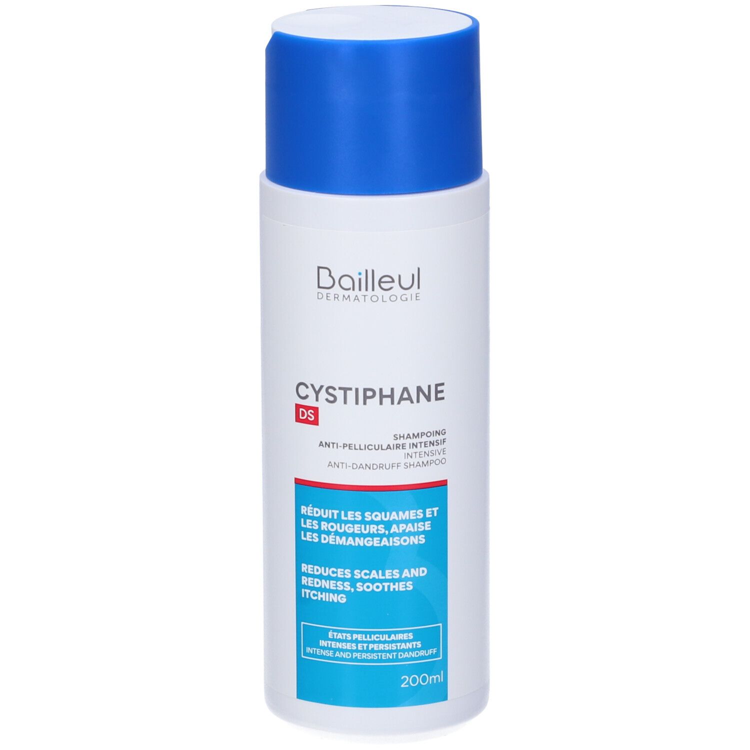 Flacon blanc avec bouchon bleu. Texte: Cysriphane DS, Shampooing Anti-pelliculaire. 200ml.